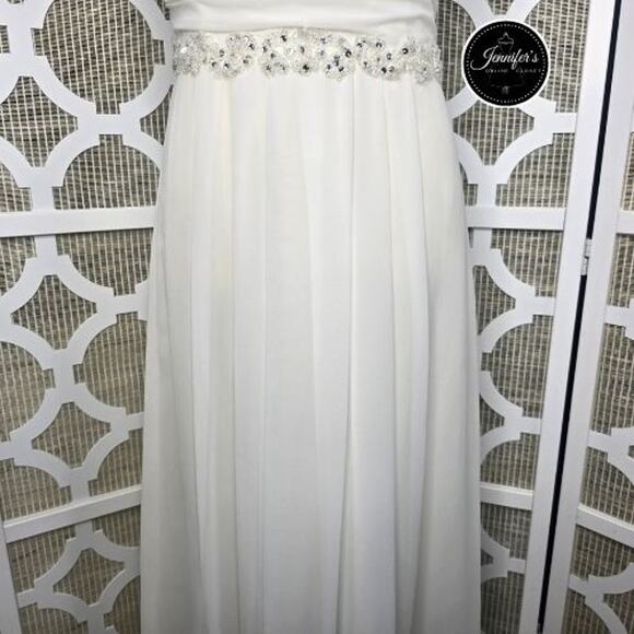 DaVinci White Chiffon Ruched V-Neck Beaded Waist & Strap Floor Length Dress 14 - Picture 5 of 16